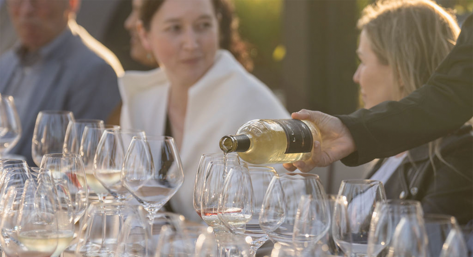 Photo of a server pouring a glass of the Lloyd Sauvignon Blanc.