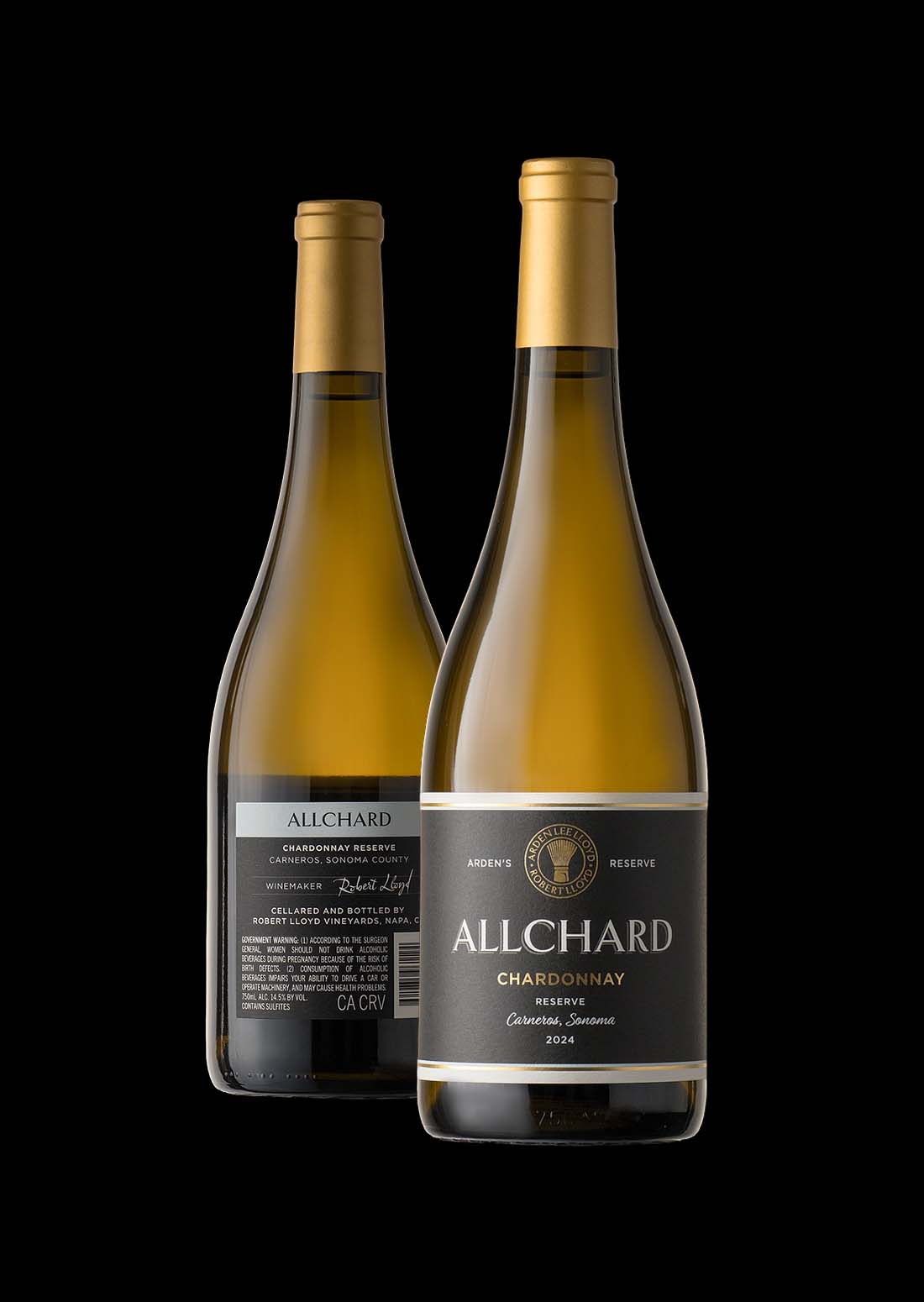 AllChard Reserve Chardonnay bottles photographed on a black background, showing front and back labels.