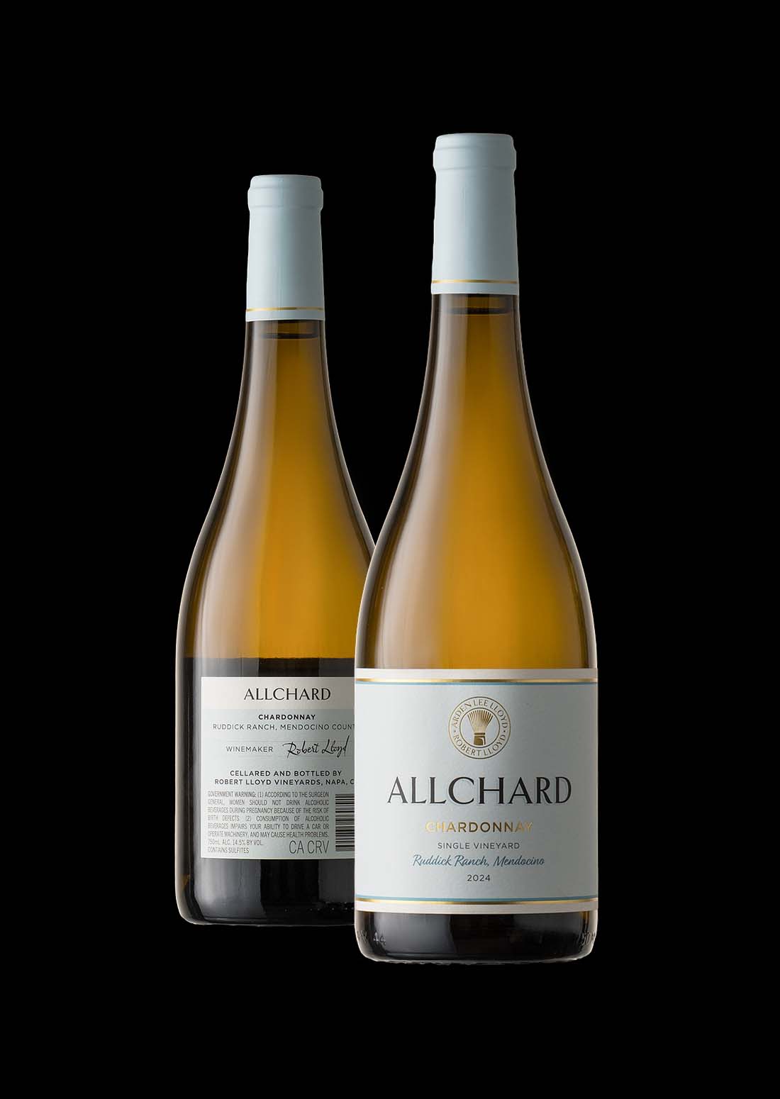 AllChard Chardonnay bottles photographed on a black background, showing front and back labels.
