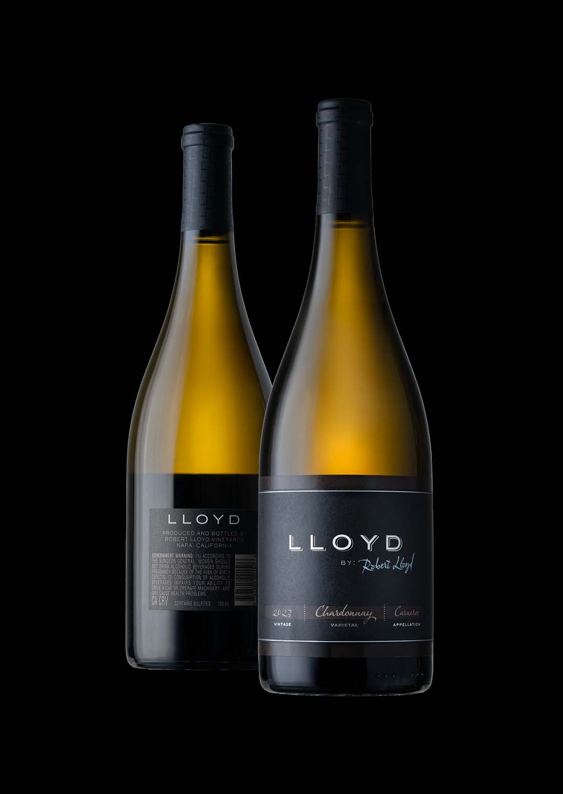 Lloyd by Robert Lloyd Chardonnay bottles from Carneros photographed on a black background.