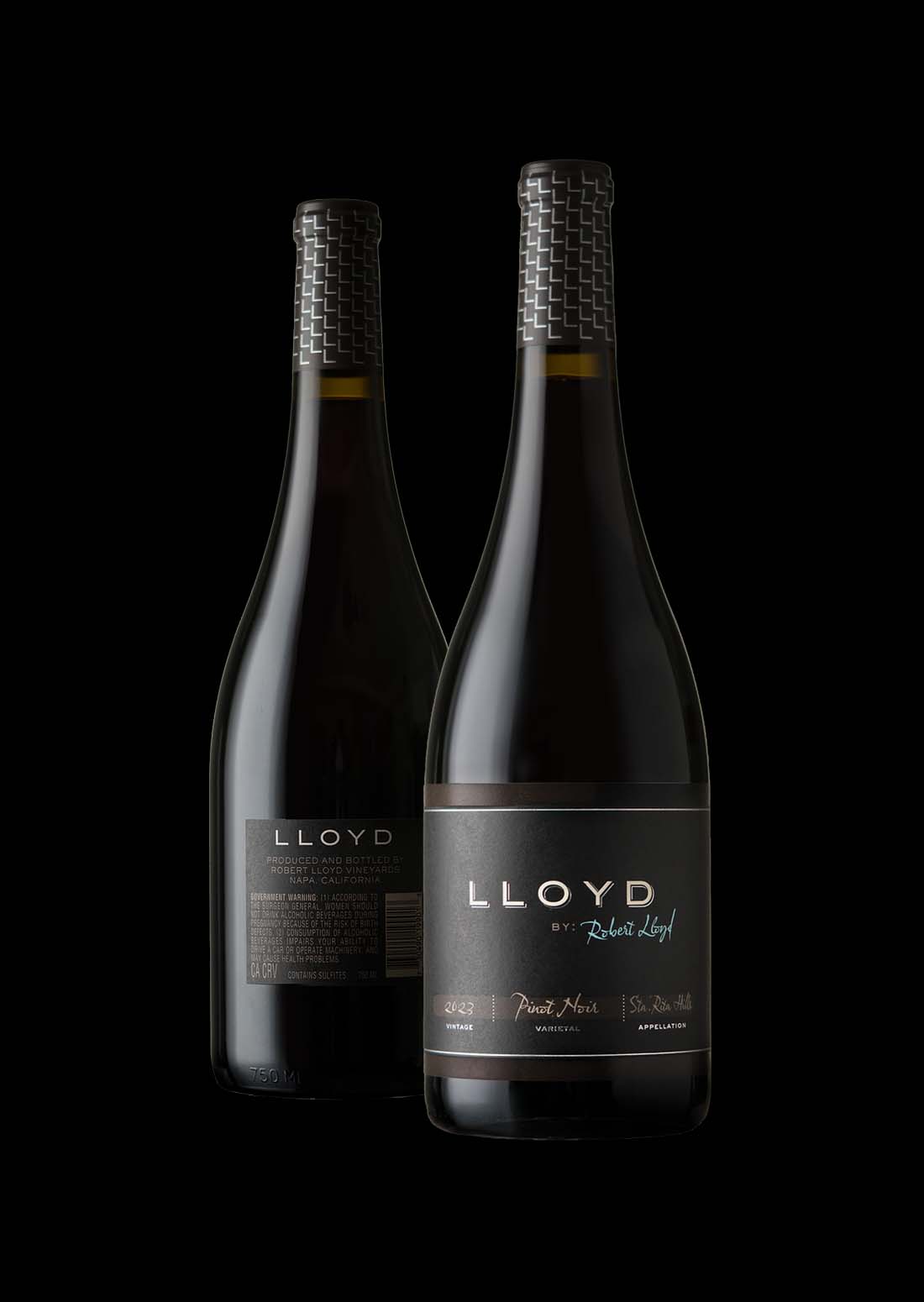 Lloyd by Robert Lloyd Pinot Noir bottles from Sta. Rita Hills photographed on a black background.