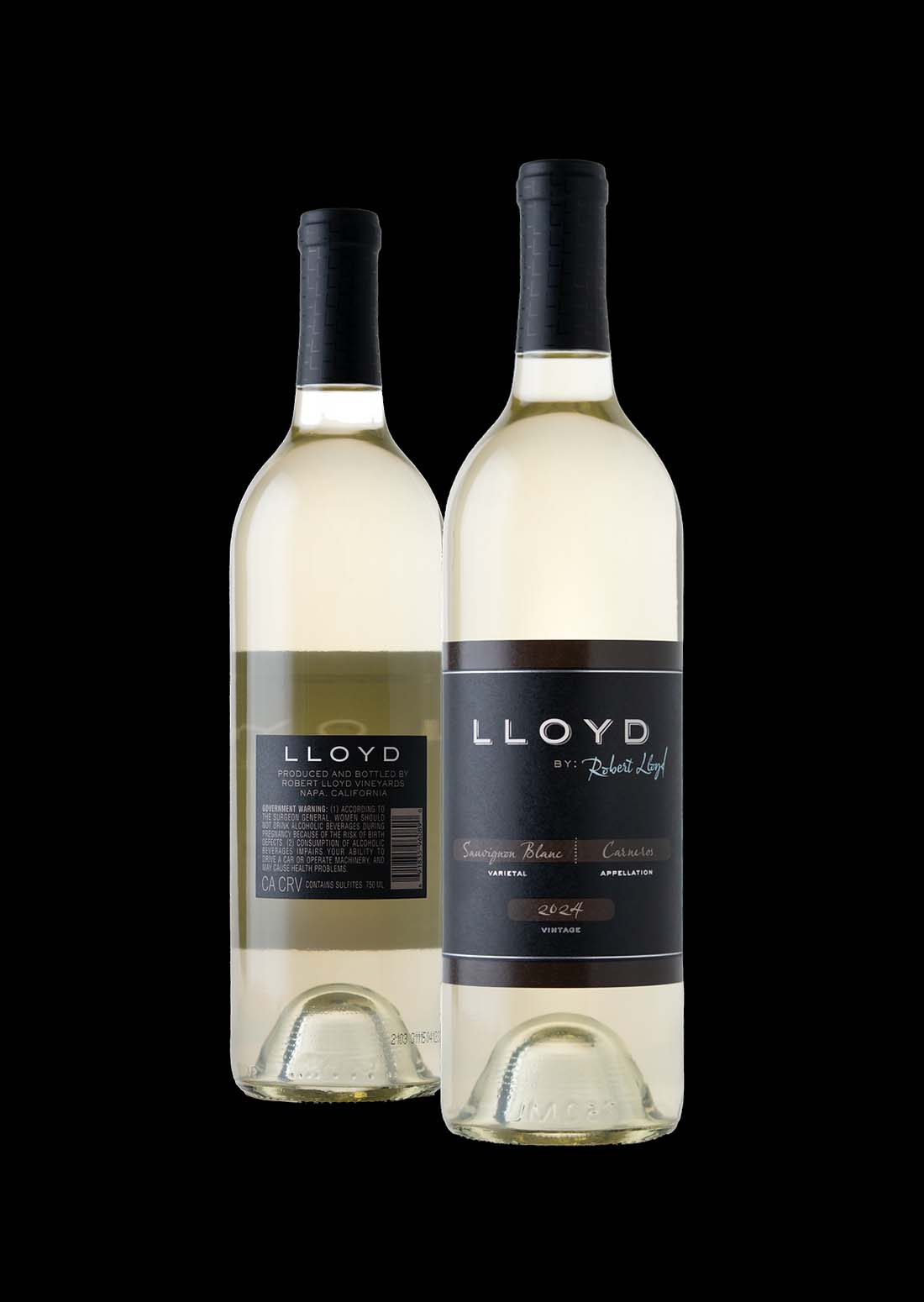 Lloyd by Robert Lloyd Sauvignon Blanc bottles from Carneros photographed on a black background.