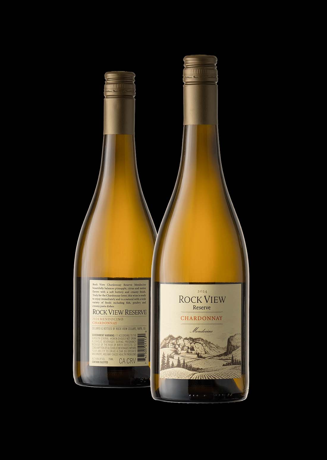 Rock View Reserve Chardonnay bottle pair photographed on a black background, showing front and back labels.